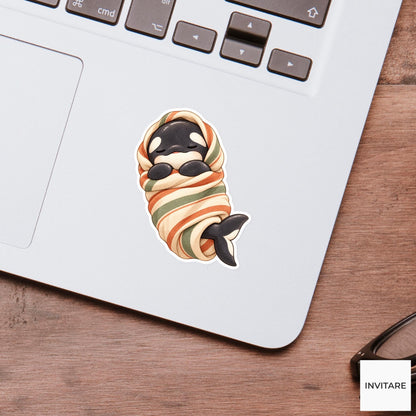 Blanket Burrito Orca Sticker, Sleepy Watercolor Whale for Cozy Planners and Animal Lover Gifts
