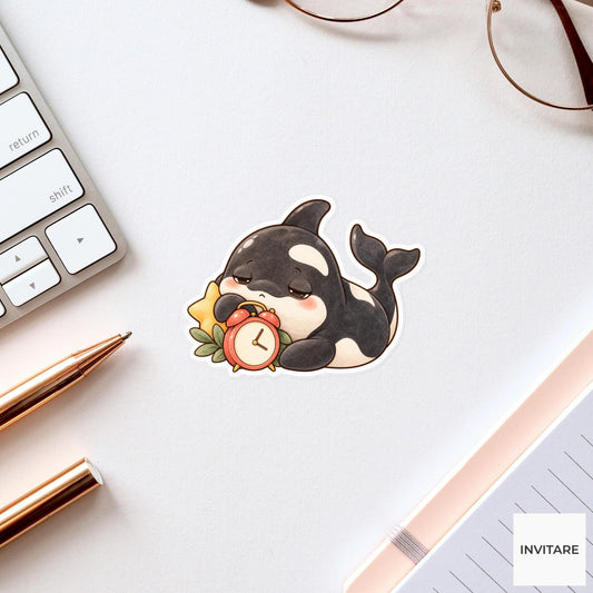 Sleepy Orca Alarm Clock Sticker, Watercolor Whale for Tired Morning Journals and Planners