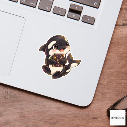 Stargazing Orca Sticker, Watercolor Whale Holding Star Chart for Celestial Journals and Astronomy Lovers