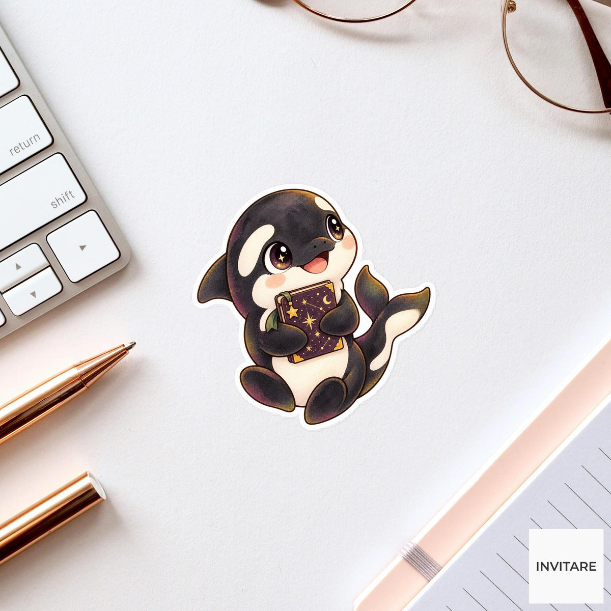 Stargazing Orca Sticker, Watercolor Whale Holding Star Chart for Celestial Journals and Astronomy Lovers