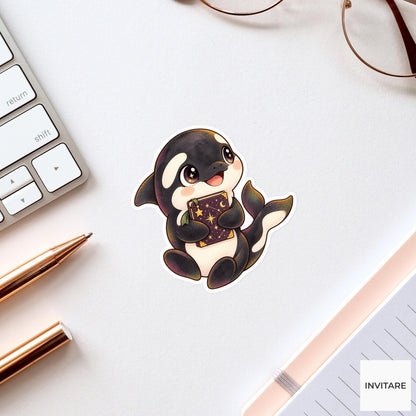 Stargazing Orca Sticker, Watercolor Whale Holding Star Chart for Celestial Journals and Astronomy Lovers