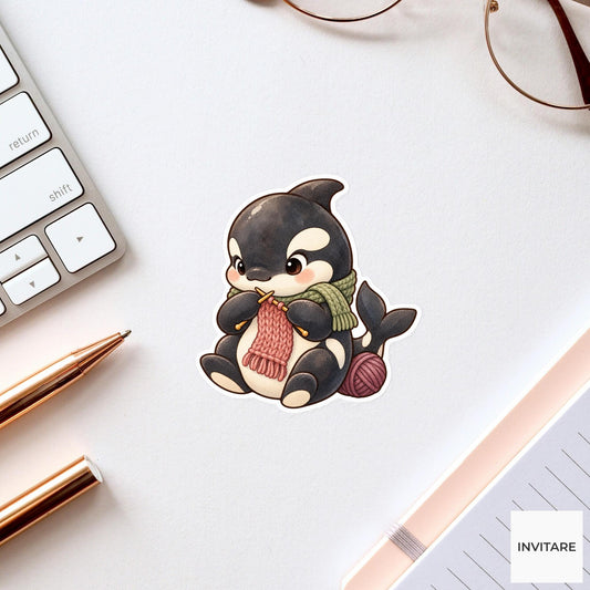 Knitting Orca Sticker, Watercolor Whale with Yarn and Scarf for Craft Journals and Knitters