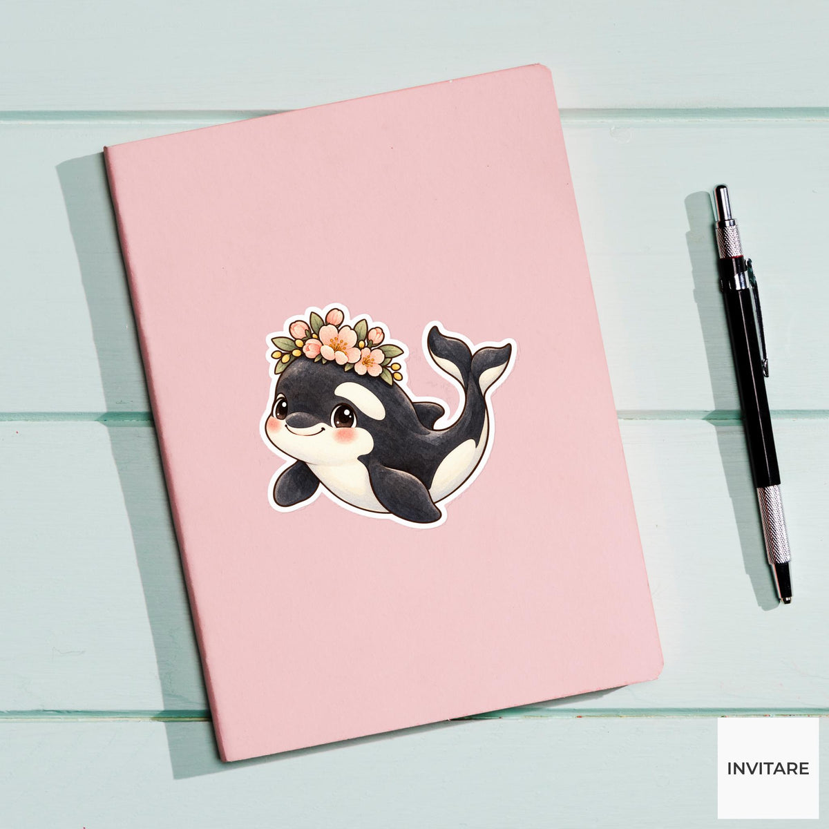 Flower Crown Orca Sticker, Watercolor Whale with Peach Blossoms for Floral Journals and Planners