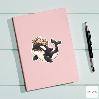 Flower Crown Orca Sticker, Watercolor Whale with Peach Blossoms for Floral Journals and Planners