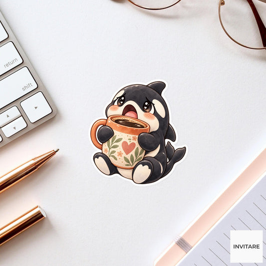 Coffee Orca Sticker, Watercolor Whale Hugging Floral Mug for Morning Journals and Caffeine Lovers