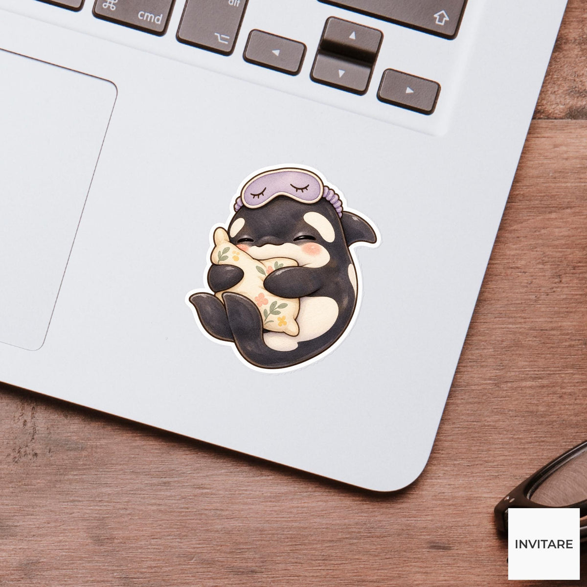 Sleepy Orca Pillow Sticker, Watercolor Whale with Lavender Mask for Cozy Journals and Planners