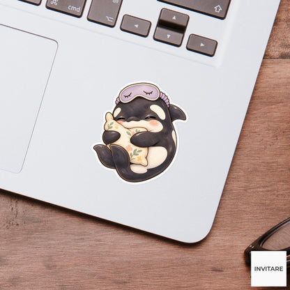 Sleepy Orca Pillow Sticker, Watercolor Whale with Lavender Mask for Cozy Journals and Planners