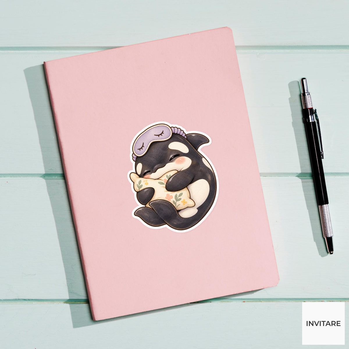 Sleepy Orca Pillow Sticker, Watercolor Whale with Lavender Mask for Cozy Journals and Planners