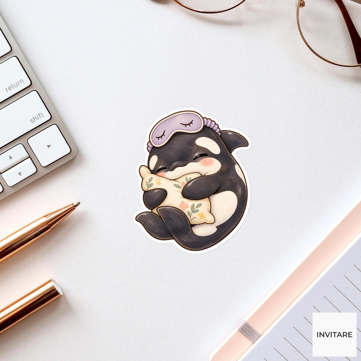 Sleepy Orca Pillow Sticker, Watercolor Whale with Lavender Mask for Cozy Journals and Planners