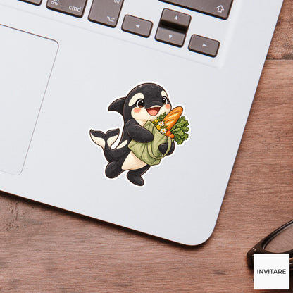 Grocery Orca Sticker, Watercolor Whale with Market Tote for Food Journals and Cute Planners