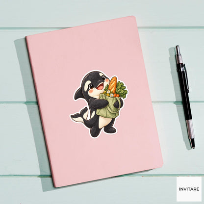 Grocery Orca Sticker, Watercolor Whale with Market Tote for Food Journals and Cute Planners
