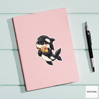 Artist Orca Sticker, Watercolor Whale with Paint Palette for Creative Journals and Art Lovers