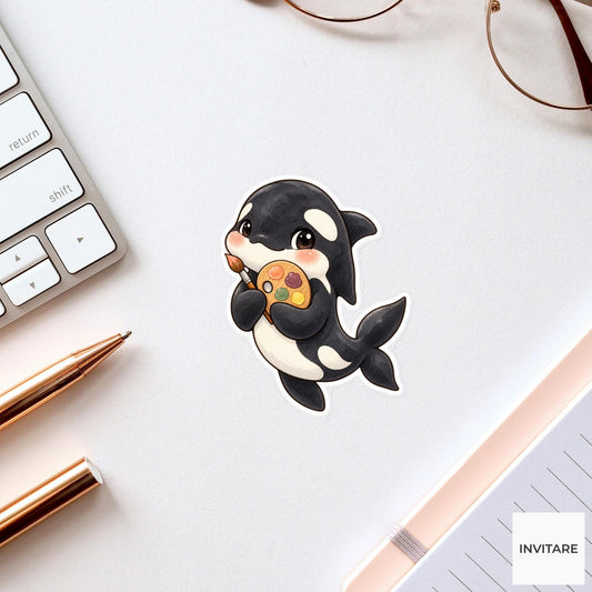 Artist Orca Sticker, Watercolor Whale with Paint Palette for Creative Journals and Art Lovers