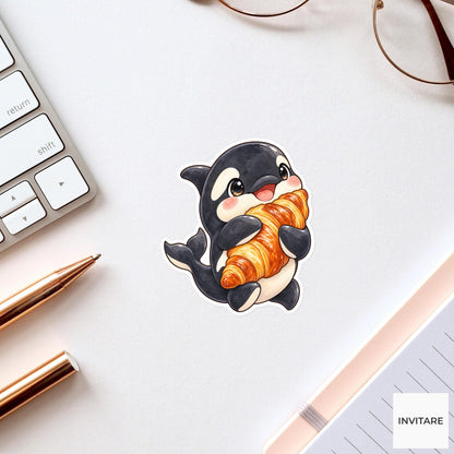 Croissant Orca Sticker, Watercolor Whale Hugging Pastry for Bakery Journals and Breakfast Lover Gifts