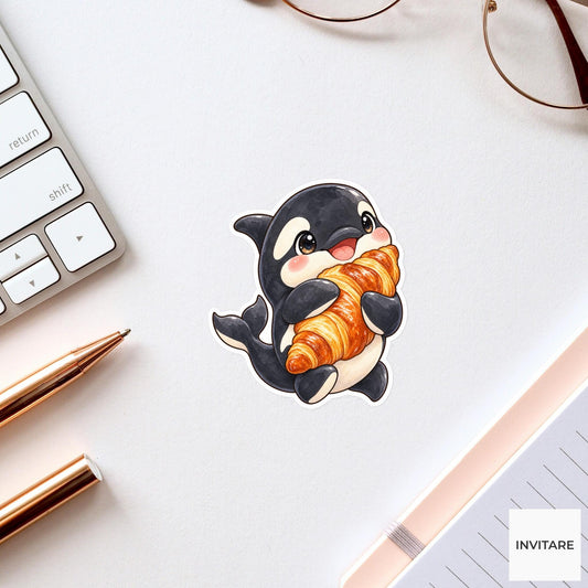 Croissant Orca Sticker, Watercolor Whale Hugging Pastry for Bakery Journals and Breakfast Lover Gifts