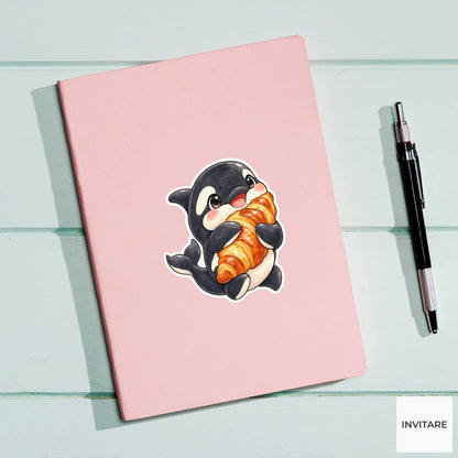 Croissant Orca Sticker, Watercolor Whale Hugging Pastry for Bakery Journals and Breakfast Lover Gifts
