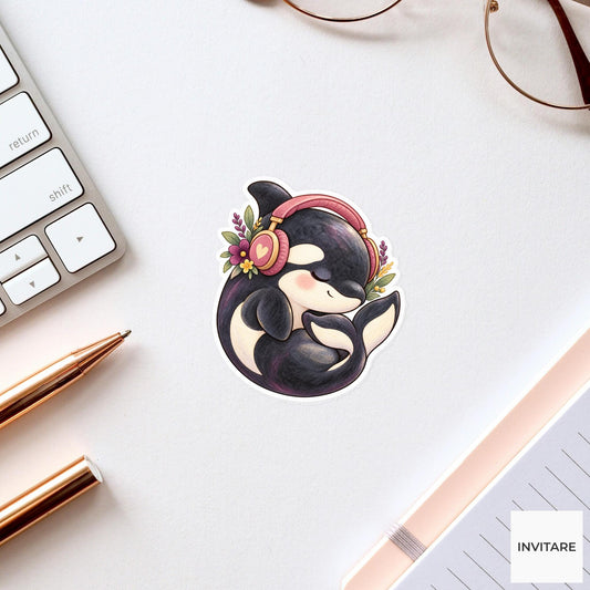 Headphone Orca Sticker, Watercolor Whale Listening to Music for Cozy Journals and Playlist Lovers