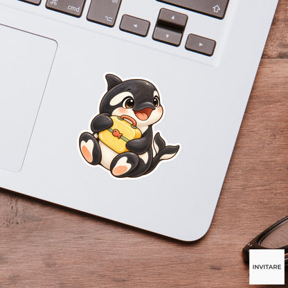 Lunchbox Orca Sticker, Watercolor Whale with Yellow Bag for School Journals and Cute Planners