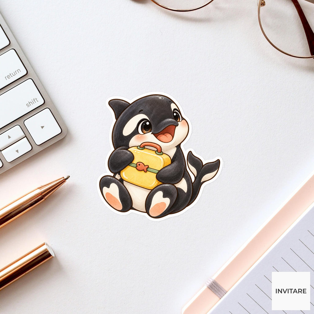 Lunchbox Orca Sticker, Watercolor Whale with Yellow Bag for School Journals and Cute Planners
