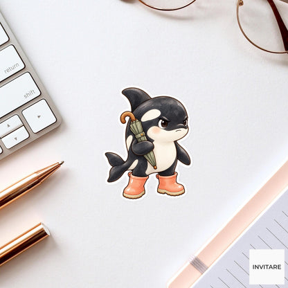 Rain Boots Orca Sticker, Grumpy Watercolor Whale with Umbrella for Funny Journals and Planners