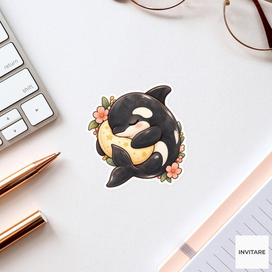 Napping Orca Sticker, Watercolor Whale on Crescent Pillow for Dreamy Journals and Cozy Planners