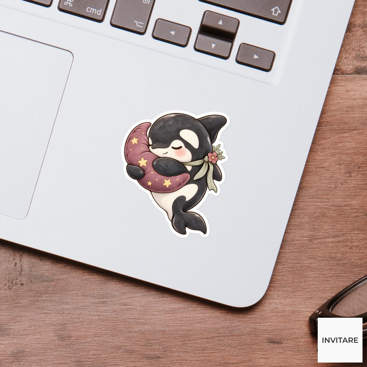 Moon Cushion Orca Sticker, Sleepy Watercolor Whale for Celestial Journals and Cozy Planner Decor