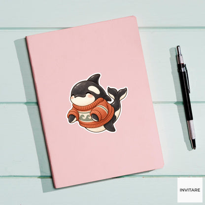 Cozy Sweater Orca Sticker, Watercolor Whale in Rust Knit for Autumn Journals and Planners