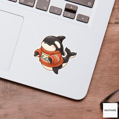 Cozy Sweater Orca Sticker, Watercolor Whale in Rust Knit for Autumn Journals and Planners