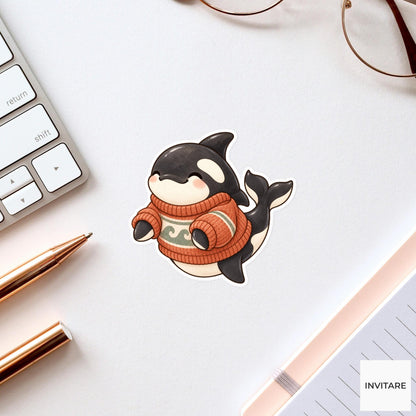 Cozy Sweater Orca Sticker, Watercolor Whale in Rust Knit for Autumn Journals and Planners
