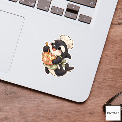 Baking Orca Sticker, Watercolor Whale Mixing Batter for Recipe Journals and Cute Baker Gifts