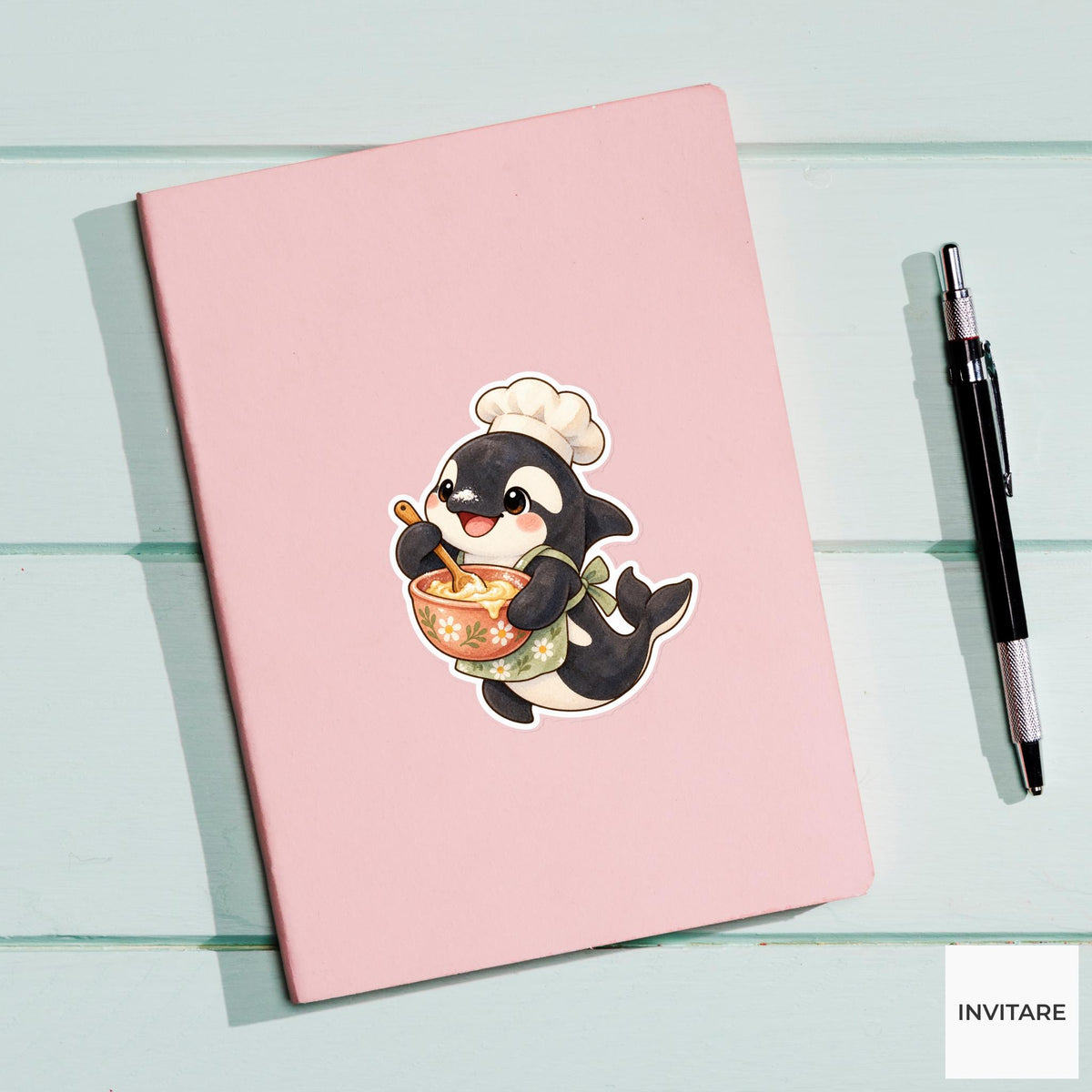 Baking Orca Sticker, Watercolor Whale Mixing Batter for Recipe Journals and Cute Baker Gifts