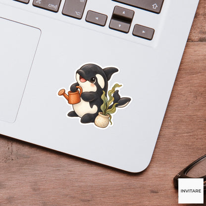 Gardening Orca Sticker, Watercolor Whale Watering Potted Seaweed for Plant Journals and Ocean Lovers
