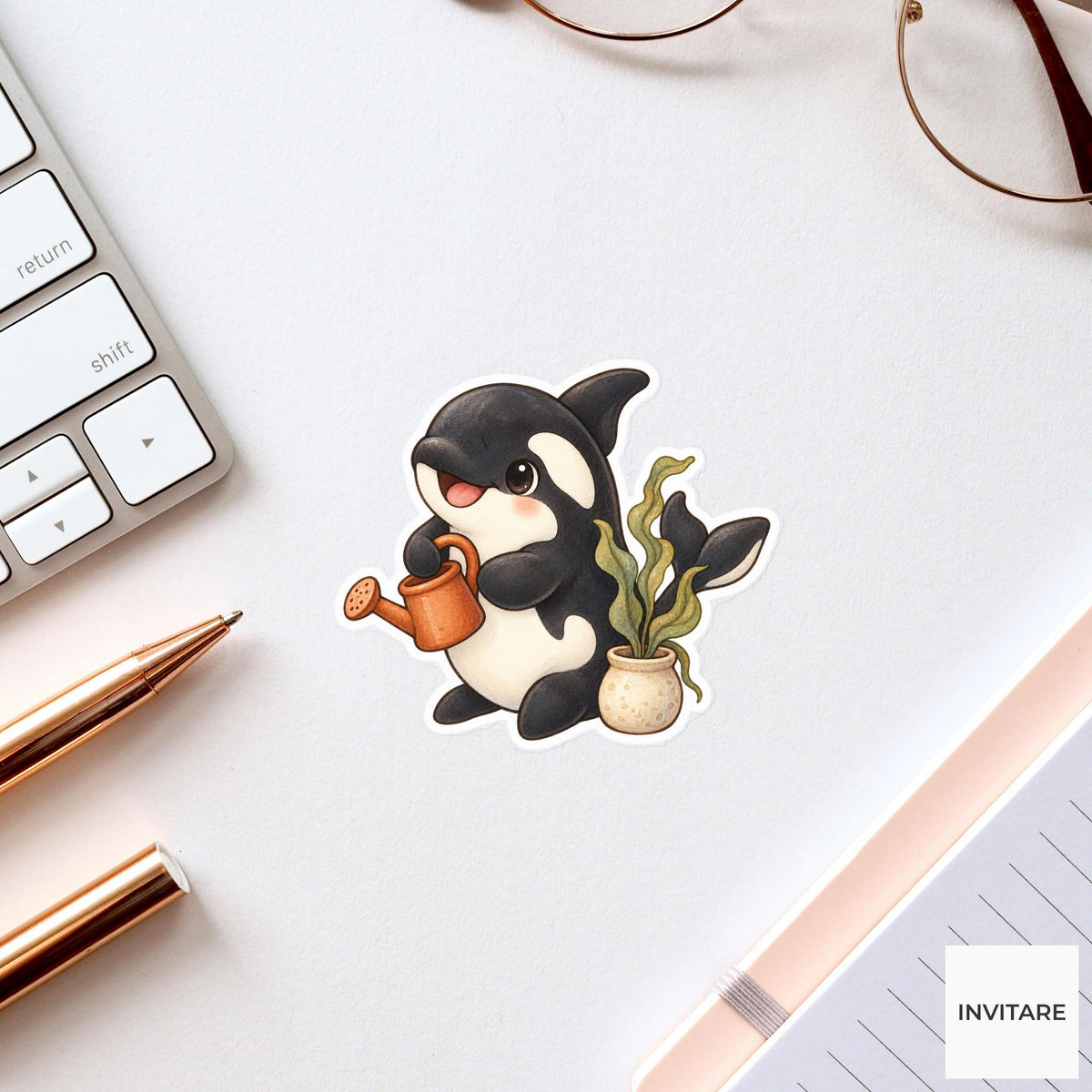 Gardening Orca Sticker, Watercolor Whale Watering Potted Seaweed for Plant Journals and Ocean Lovers