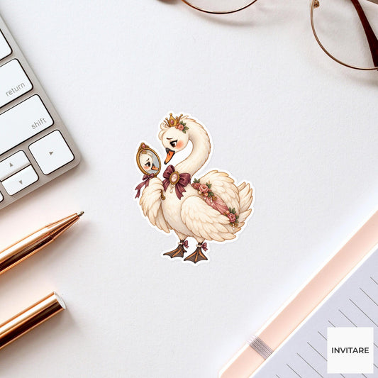 Swan Mirror Sticker, Elegant Watercolor Bird with Floral Crown for Romantic Journals and Planners