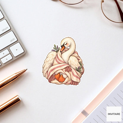 Blanket Swan Sticker, Sleepy Watercolor Bird for Cozy Journals and Gentle Animal Lover Gifts