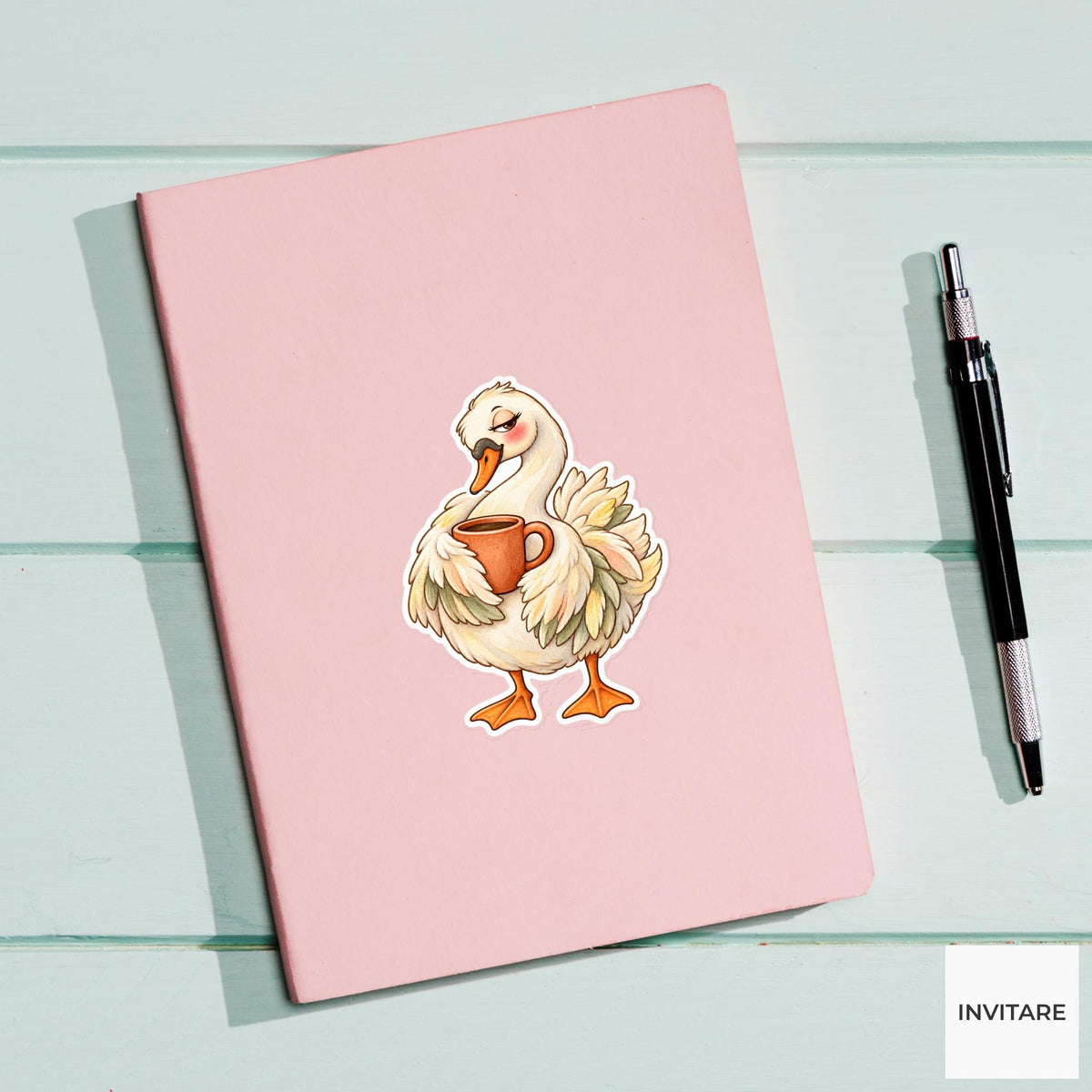 Coffee Swan Sticker, Tired Watercolor Bird with Orange Mug for Morning Journals and Planners