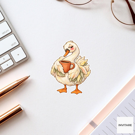 Coffee Swan Sticker, Tired Watercolor Bird with Orange Mug for Morning Journals and Planners