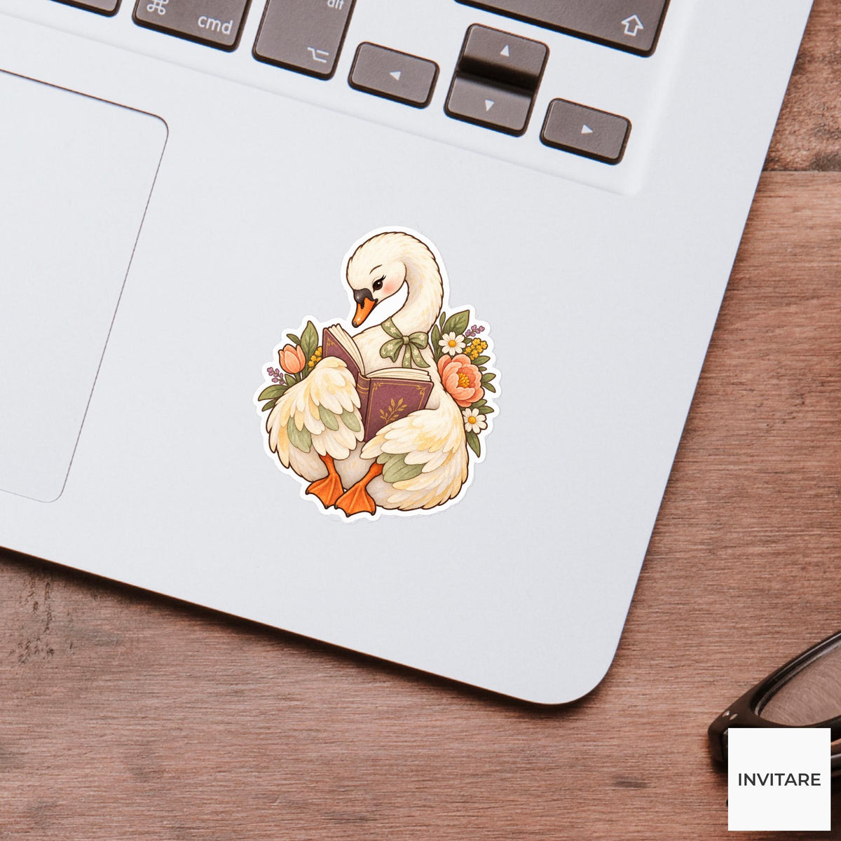 Reading Swan Sticker, Watercolor Bookish Bird with Flowers for Literary Journals and Reader Gifts