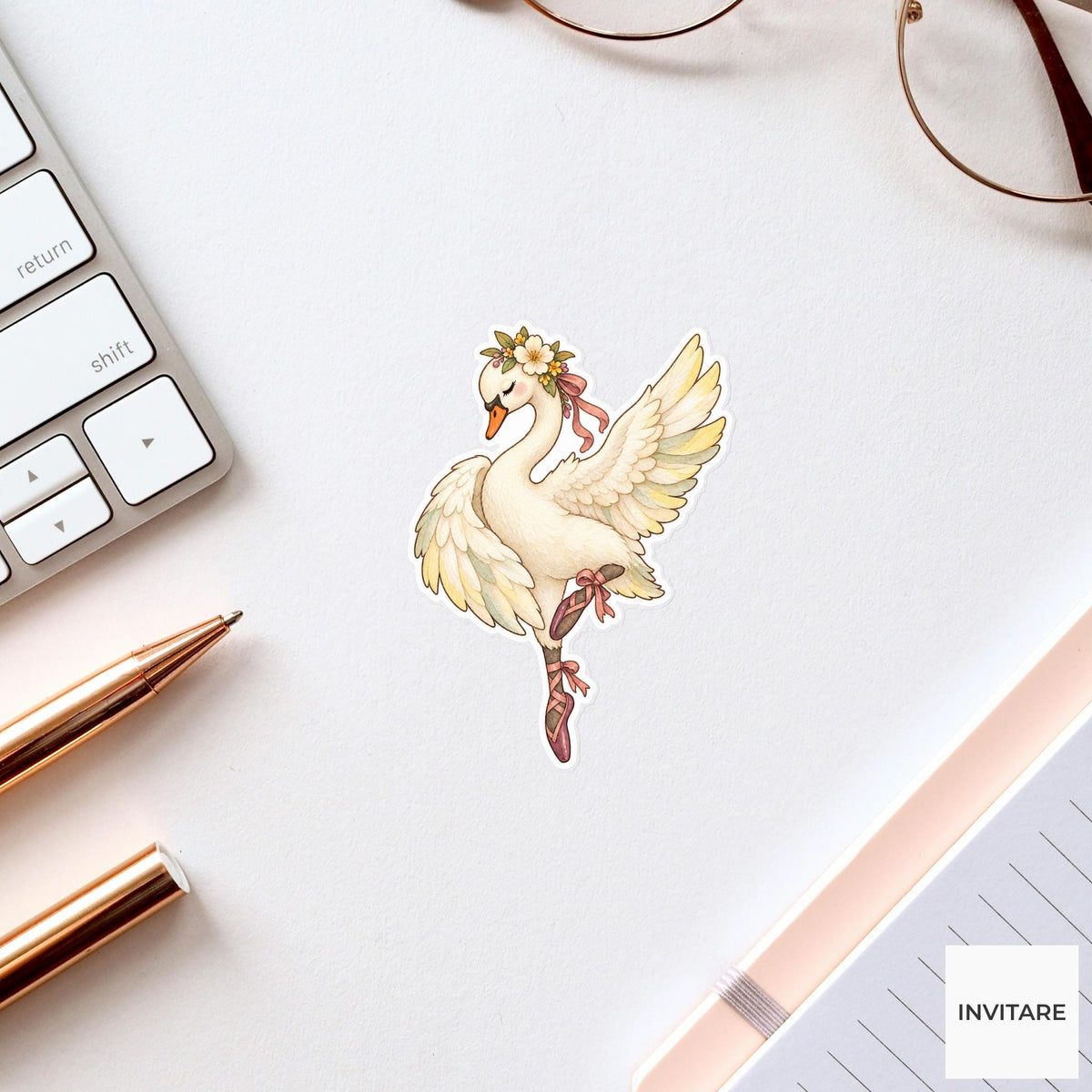 Ballet Swan Sticker, Watercolor Dancing Bird with Ribbon Slippers for Journals and Dancer Gifts