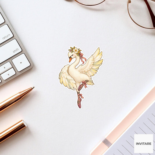 Ballet Swan Sticker, Watercolor Dancing Bird with Ribbon Slippers for Journals and Dancer Gifts