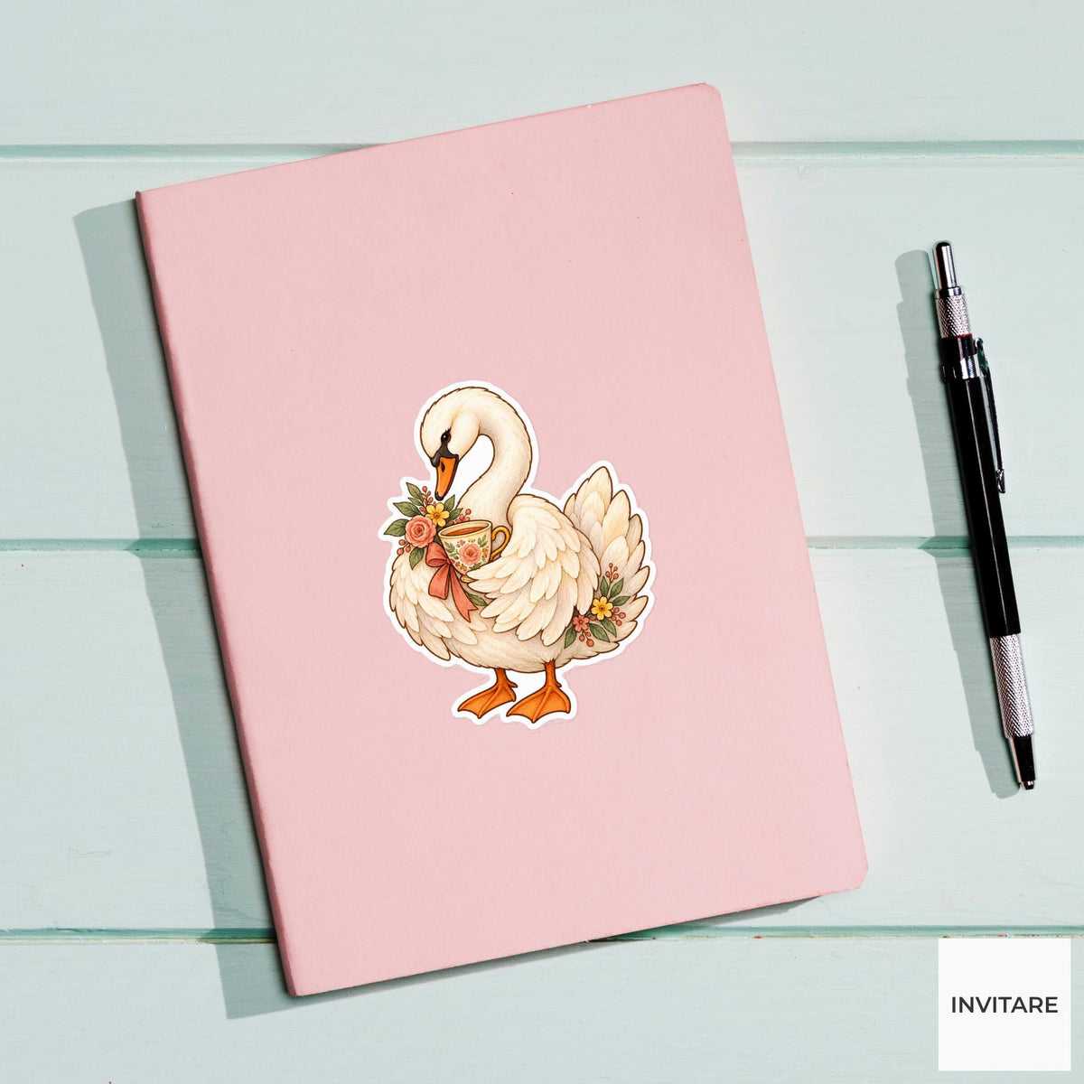 Teacup Swan Sticker, Watercolor Bird with Floral Cup for Journals and Tea Lover Gifts