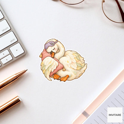 Sleepy Swan Pillow Sticker, Watercolor Bird with Lavender Mask for Cozy Journals and Planners