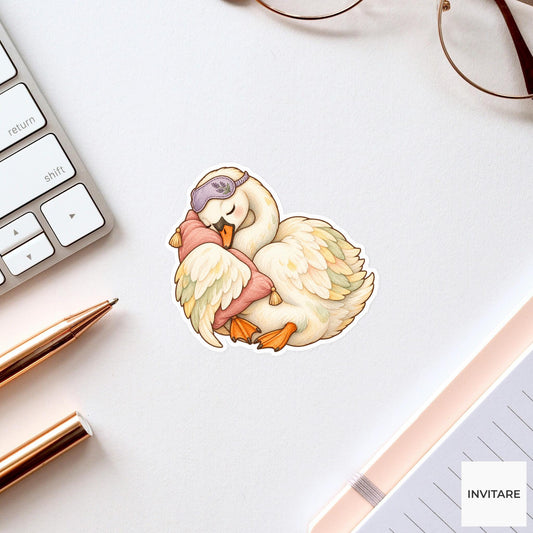 Sleepy Swan Pillow Sticker, Watercolor Bird with Lavender Mask for Cozy Journals and Planners