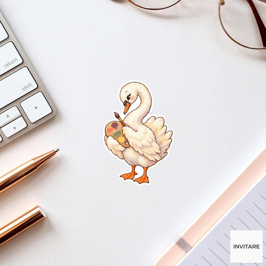 Artist Swan Sticker, Watercolor Bird with Paint Palette for Creative Journals and Painter Gifts
