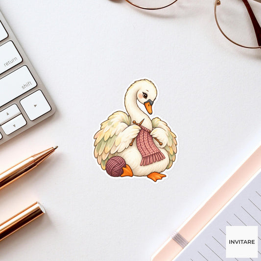 Knitting Swan Sticker, Watercolor Bird with Scarf for Craft Journals and Yarn Lover Gifts
