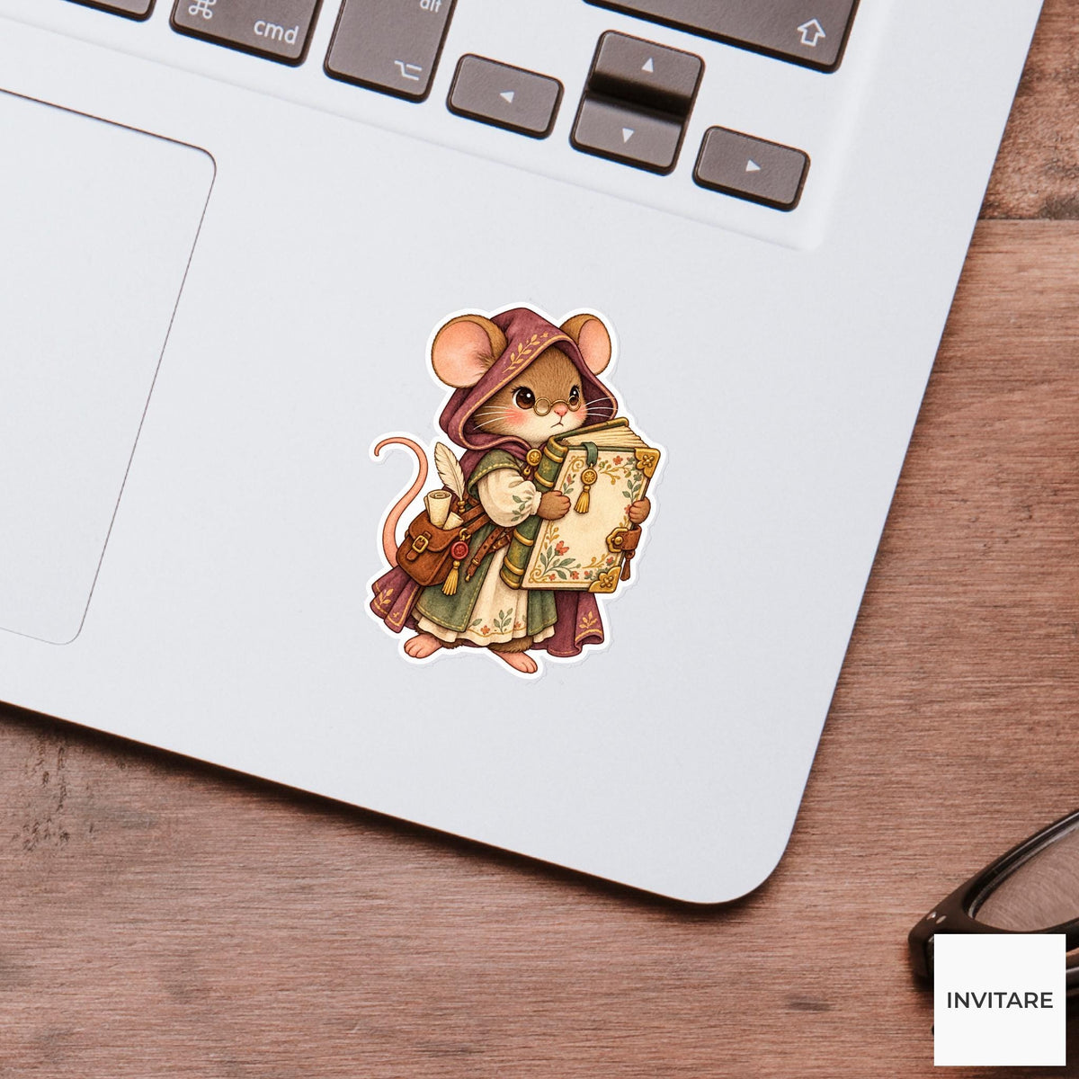 Medieval Mouse Librarian Sticker, Watercolor Bookish Animal for Fantasy Journals and Reader Gifts