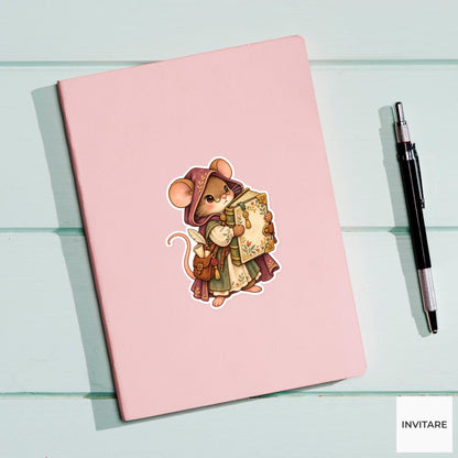 Medieval Mouse Librarian Sticker, Watercolor Bookish Animal for Fantasy Journals and Reader Gifts