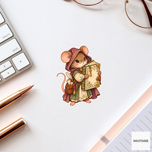 Medieval Mouse Librarian Sticker, Watercolor Bookish Animal for Fantasy Journals and Reader Gifts