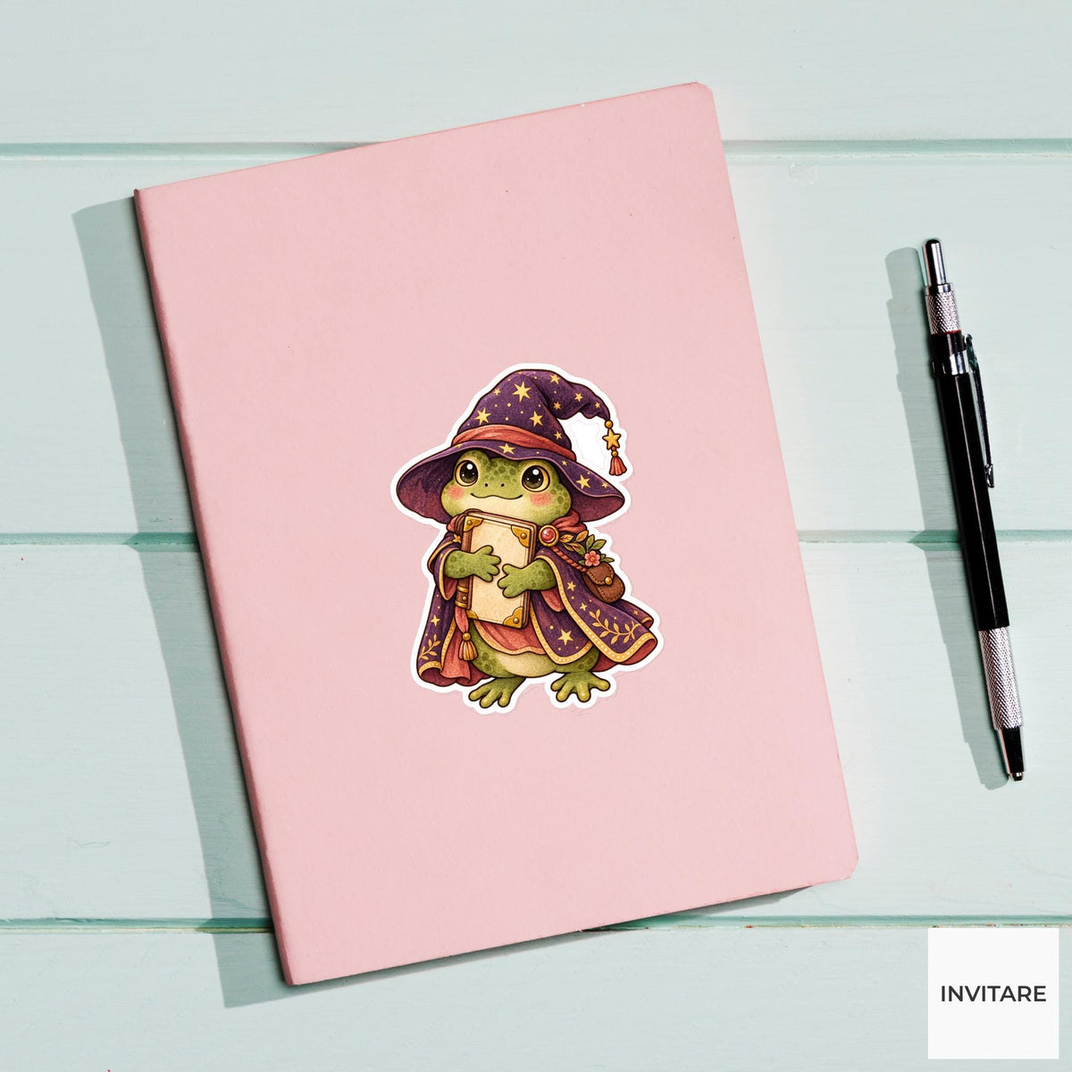 Frog Wizard Sticker, Watercolor Animal with Starry Hat for Fantasy Journals and Magic Lovers