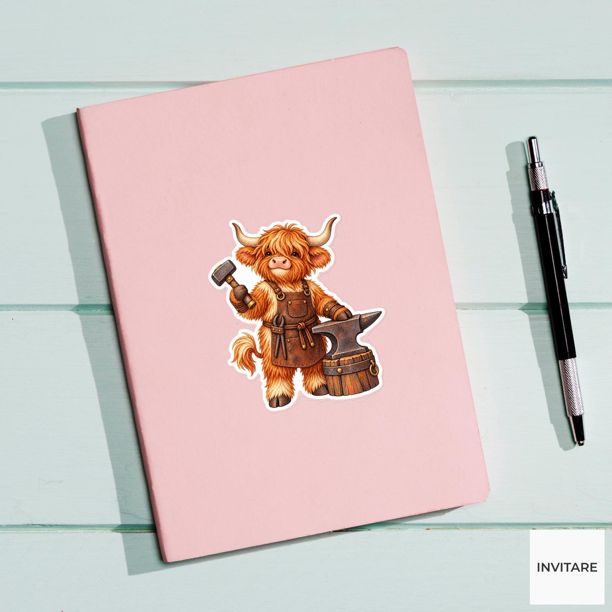 Highland Cow Blacksmith Sticker, Watercolor Medieval Animal for Fantasy Journals and Craft Lover Gifts